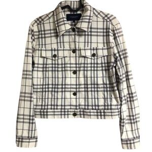 Burberry Cream and Gray Plaid Leather Trucker Jacket